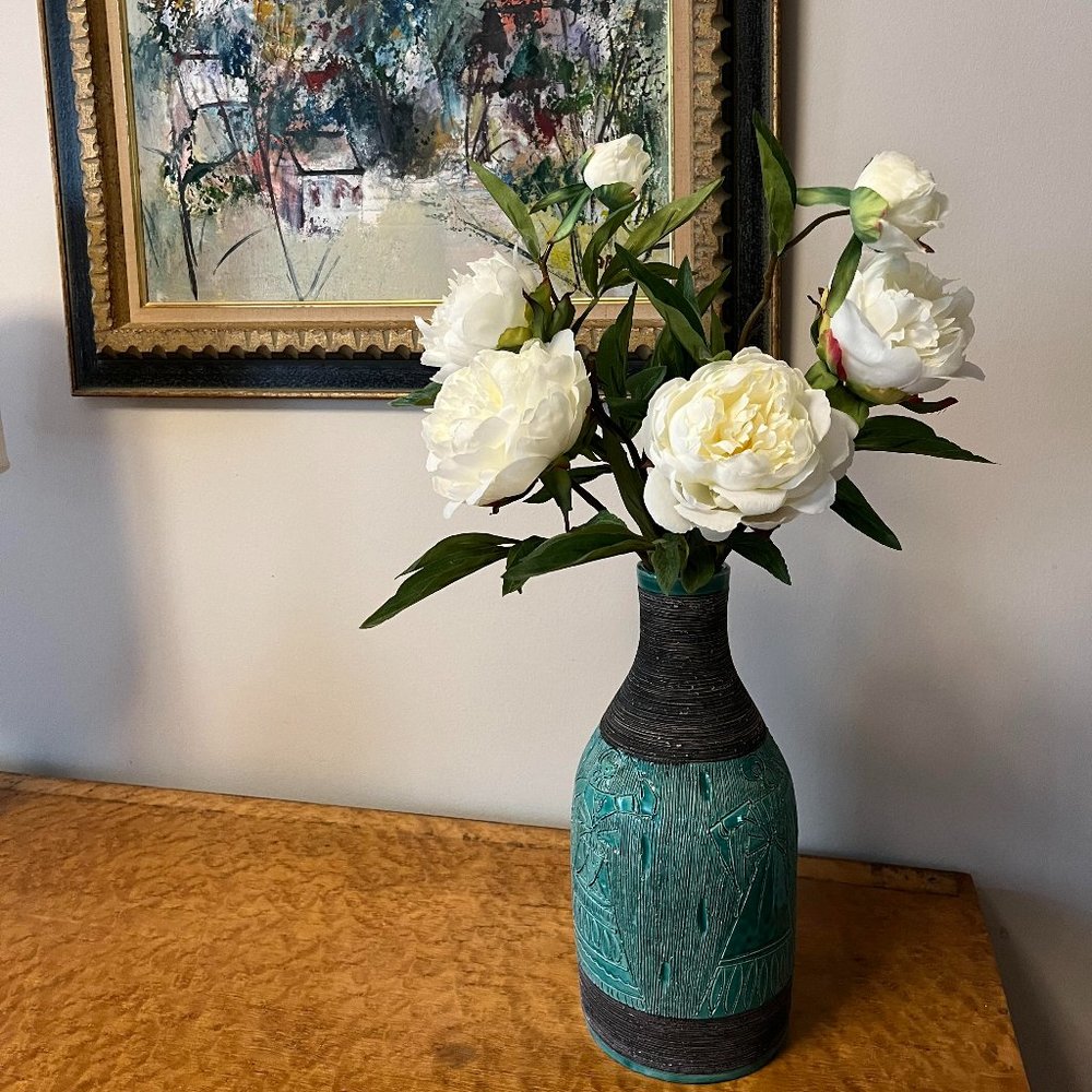Mid-Century Italian Green Fratelli Fanciullacci Sgraffito Vase